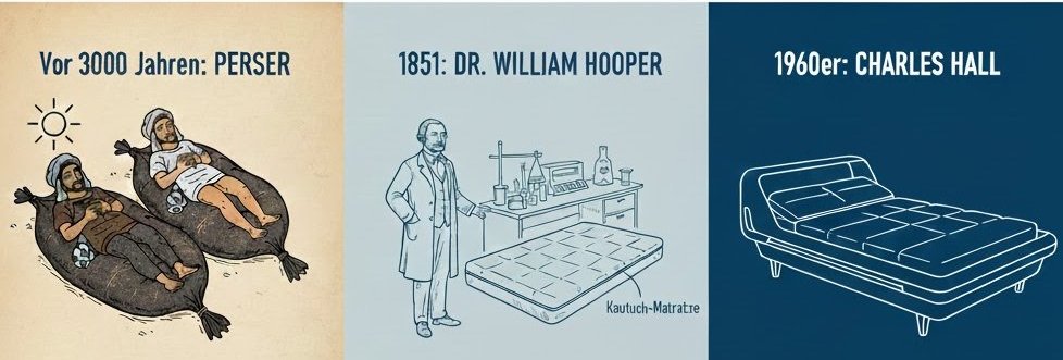 Wer hat das Wasserbett erfunden? Das Wasserbett, in seiner einfachsten Form, wurde schon vor 3000 Jahre von den Persern Wasserbett erfunden. Sie schliefen damals auf Wassersäcken aus Ziegenhaut, die tagsüber in der Sonne aufgewärmt wurden.