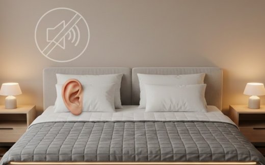 Modernes, ruhiges Wasserbett in einem Schlafzimmer, daneben schwebendes Symbol für "Stille" (durchgestrichenes Lautsprecher-Icon) und ein Ohr, das auf dem Kissen ruht.
