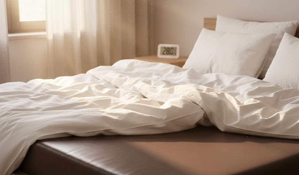 Zurückgeschlagene Bettdecke auf einem Wasserbett zur besseren Belüftung gegen Schwitzen.