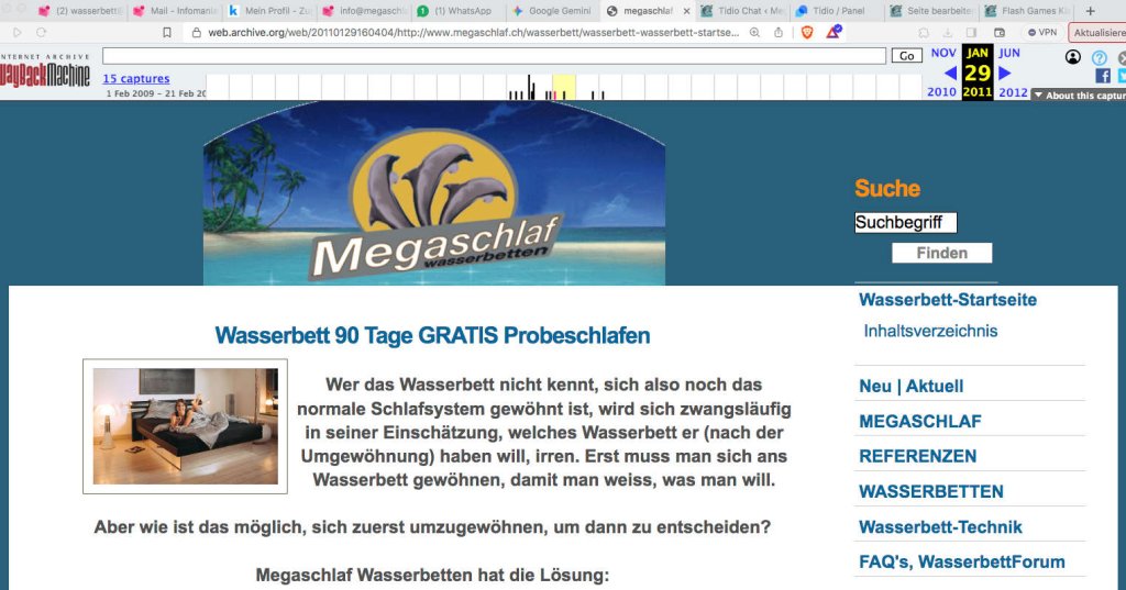 Historische Ansicht der Megaschlaf.ch Webseite von Januar 2011, klassisches Wasserbett-Design und Retro-Layout der Schweizer Wasserbetten-Experten.