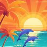 Wasserbett Galerie Retro Flash Games News Illustration mit Palmen, springenden Delphinen am Strand und Sonnenuntergang im klassischen Vektor-Stil."