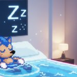 Pixel-Art von Sonic the Hedgehog, der friedlich auf einem transparenten, blau leuchtenden Wasserbett in einem modernen Zimmer schläft.