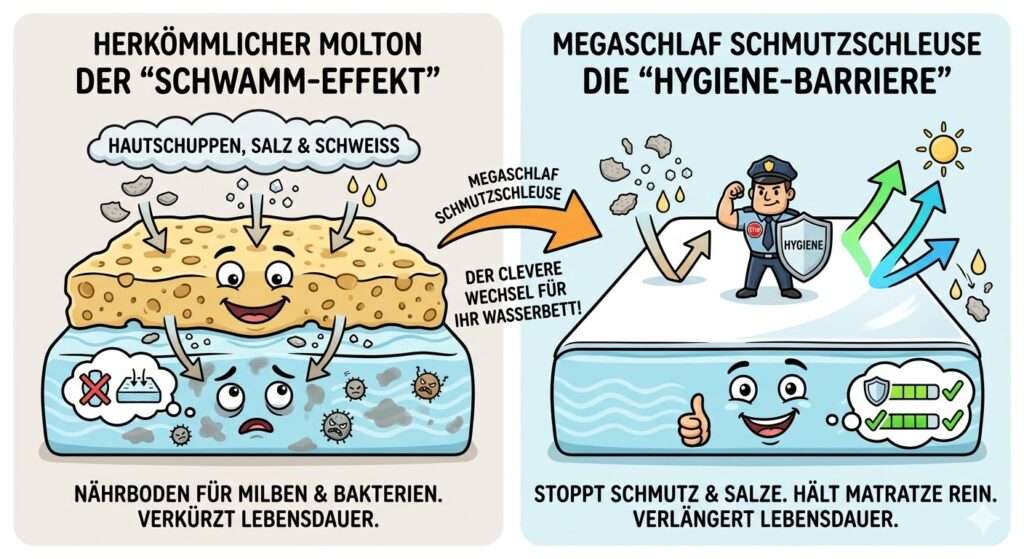 Vergleich Karikatur Molton vs Megaschlaf Schmutzschleuse