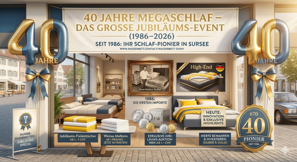 40 Jahre Megaschlaf Jubiläums-Event 1986–2026: Wasserbetten-Pionier René Markus Stoffel (Sursee) mit High-End-Schlafsystemen, Jubiläums-Auktionen ab 1.– CHF (Fixleintücher, Moltons) und exklusiven Silber-Investments zum Werterhalt.