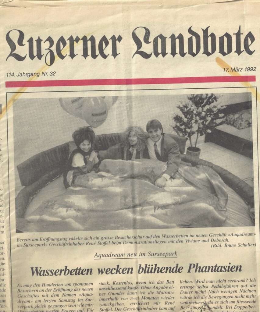 Eröffnung Aquadream Wasserbetten Surseepark 17. März 1992. Luzerner Landbote