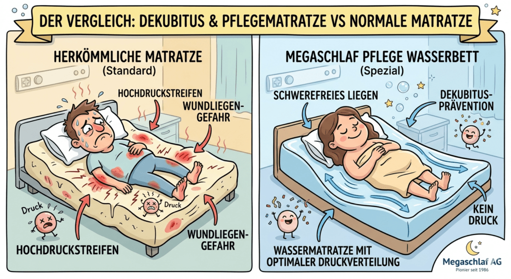 Vergleich Dekubitus Prophylaxe Pflegewasserbett gegen normale Matratze Megaschlaf Wasserbetten Sursee