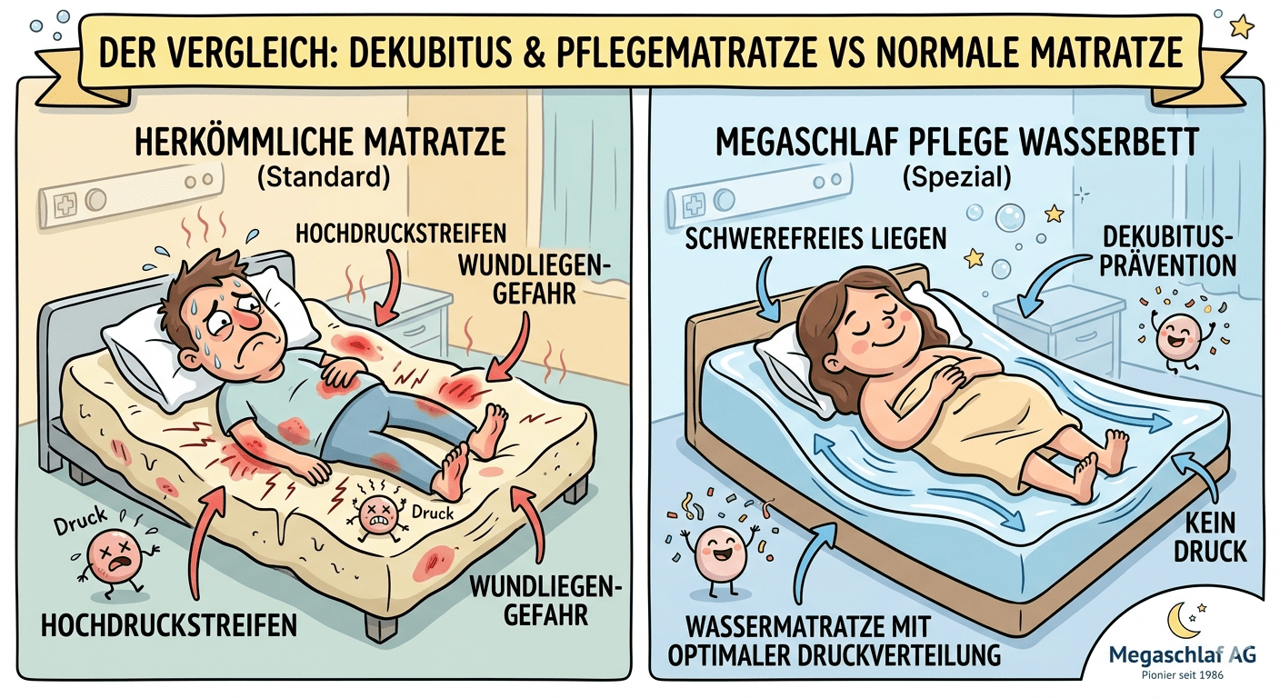 Vergleich Dekubitus Prophylaxe Pflegewasserbett gegen normale Matratze Megaschlaf Wasserbetten Sursee